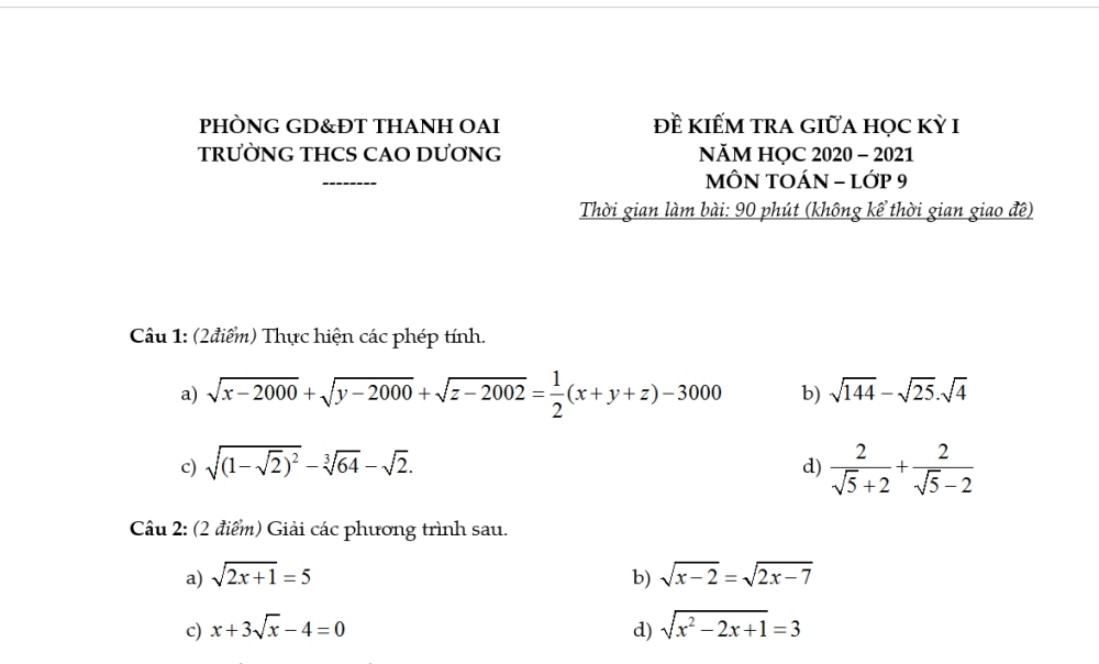 Toán 9: Đề kiểm tra cuối học kì 1. Trường THCS Cao Dương - Thanh Oai năm học 2020-2021
